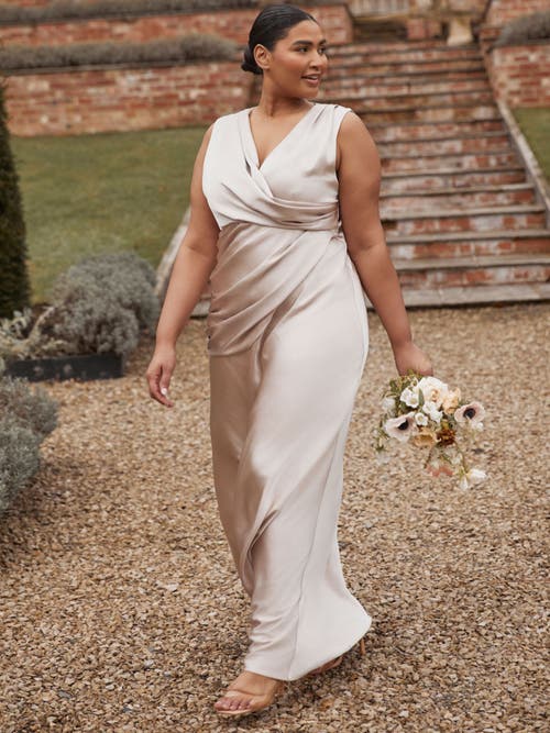 Six Stories Plunge Drape Satin Bridesmaid Dress In Brown
