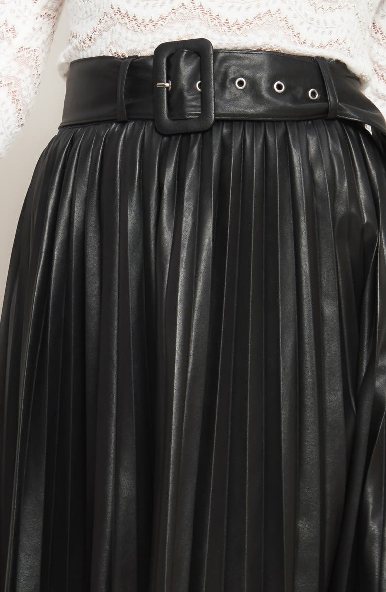 FLYING TOMATO Faux Leather Pleated Midi Skirt, Alternate, color, Black