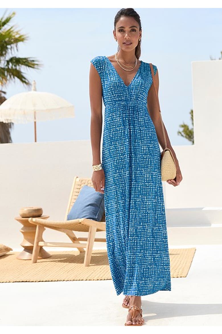 Women's Print V-Neck Maxi Dress, Alternate, color, Blue-Printed