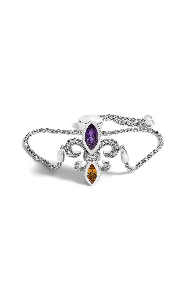 Haus of Brilliance Silver Marquise Amethyst, Citrine and Diamond Lariat Fleur De Lis Bolo Bracelet, Main, color, White