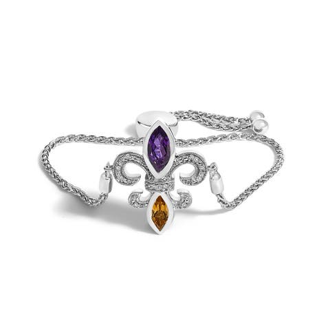 Silver Marquise Amethyst, Citrine and Diamond Lariat Fleur De Lis Bolo Bracelet