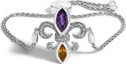 Haus of Brilliance Silver Marquise Amethyst, Citrine and Diamond Lariat Fleur De Lis Bolo Bracelet
