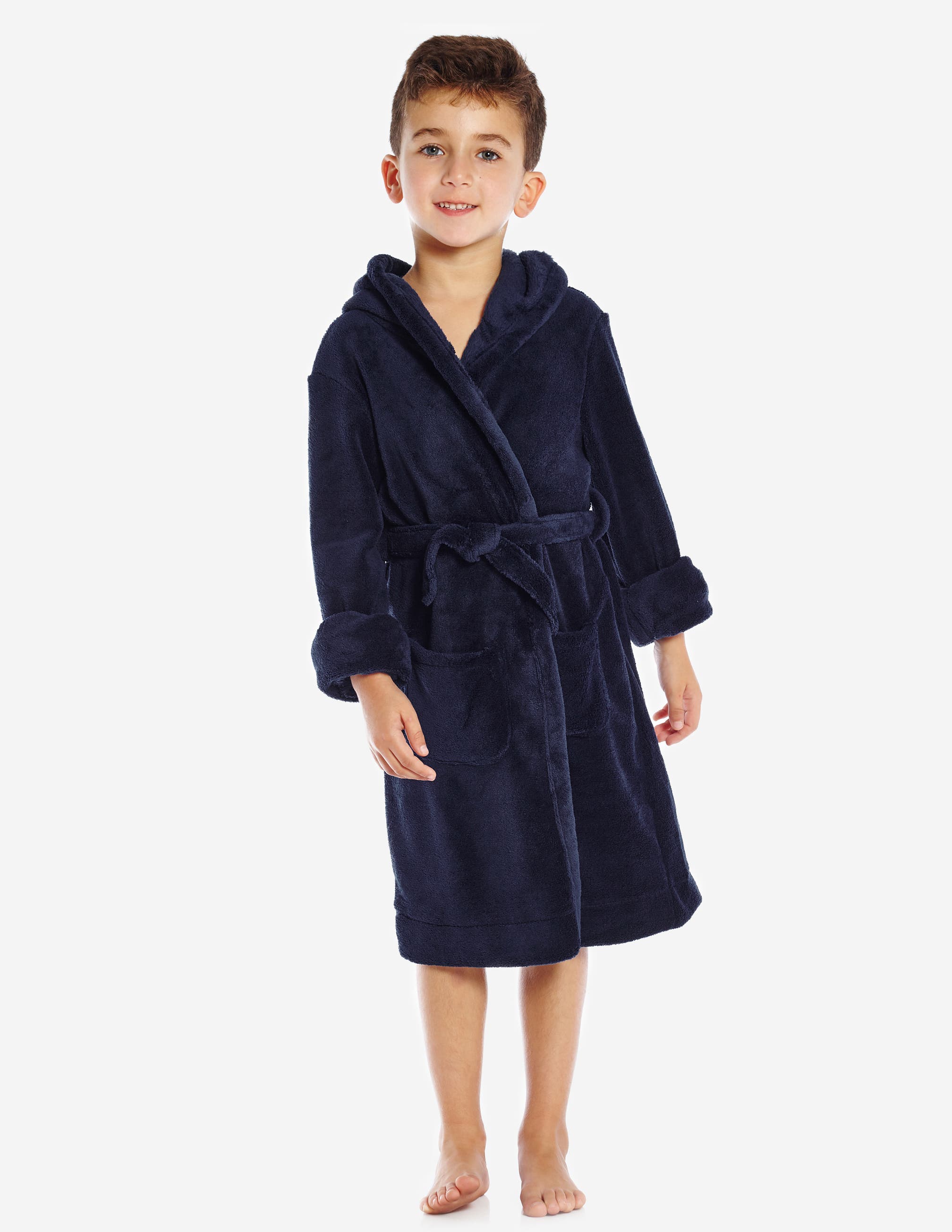 Leveret Kids Fleece Hooded Robe, Solid Colors in Navy 