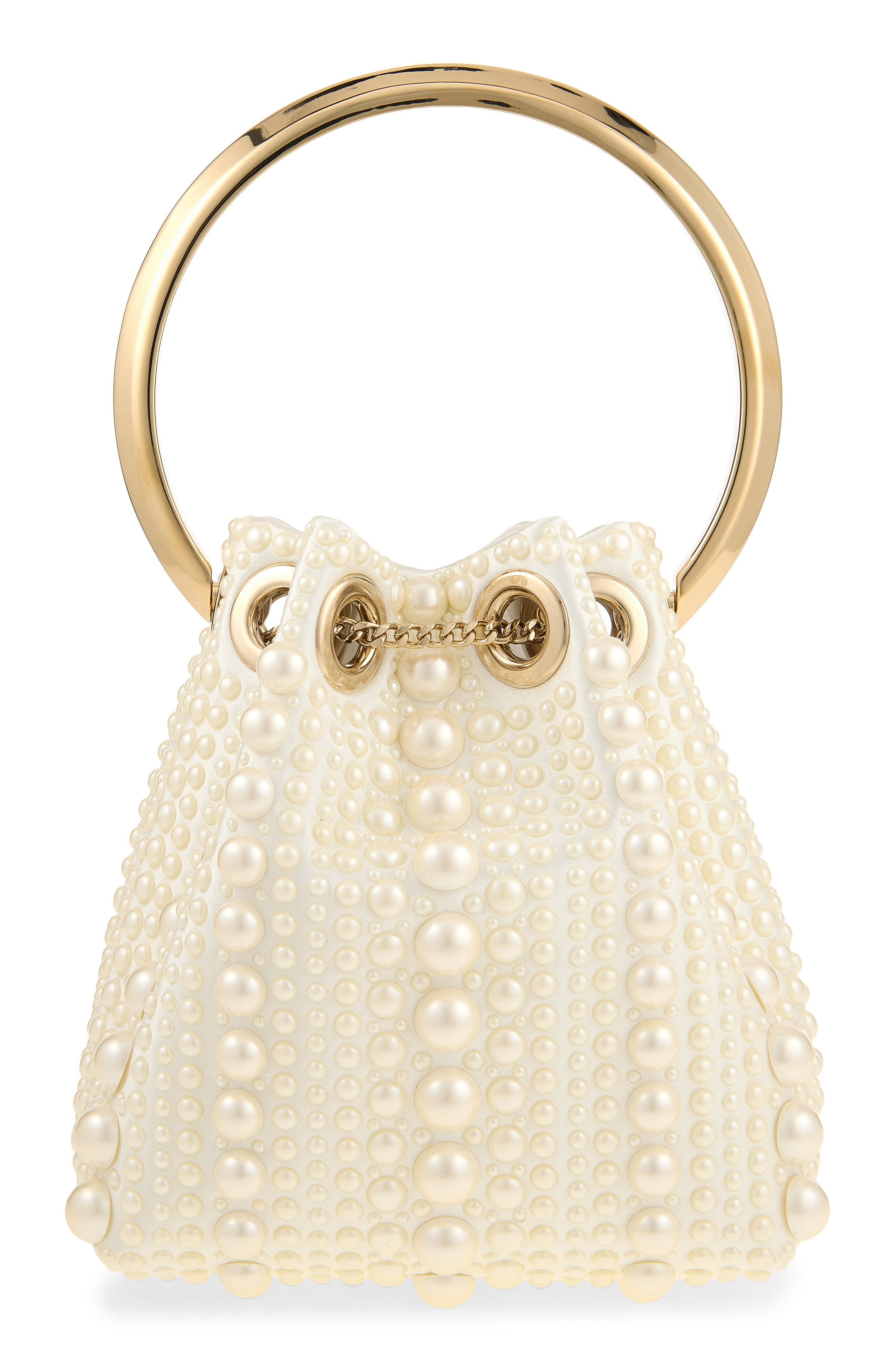 Micro Bon Bon Faux Pearl Embellished Satin Top Handle Pouch, Alternate, color, IVORY