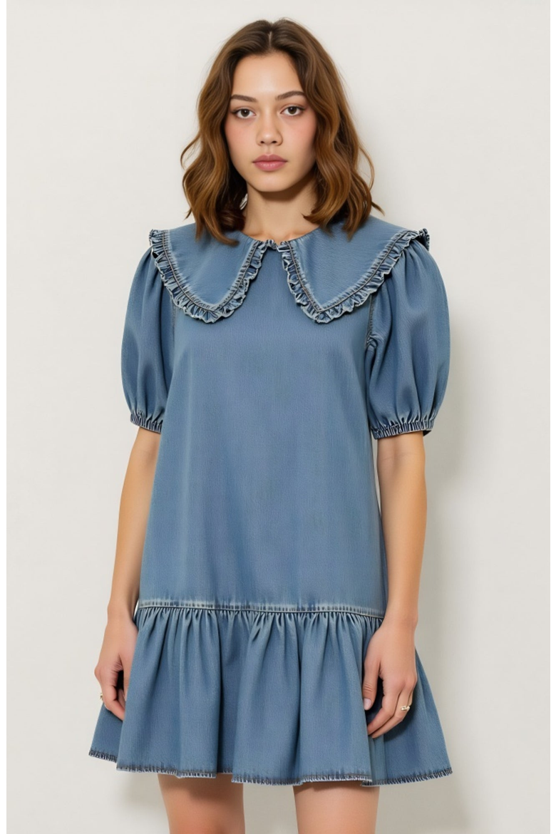 Ruffled Collar Dress with Puff Sleeves and Tiered Hem, Main, color, Light Blue
