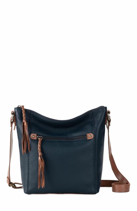 Navy blue and brown crossbody handbag. main image 0