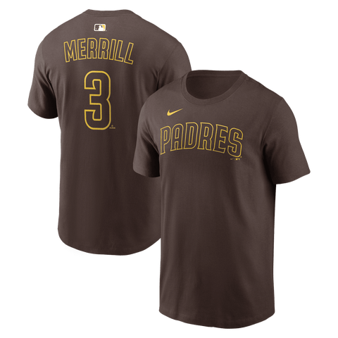 Men's Nike Jackson Merrill Brown San Diego Padres Name & Number T-Shirt