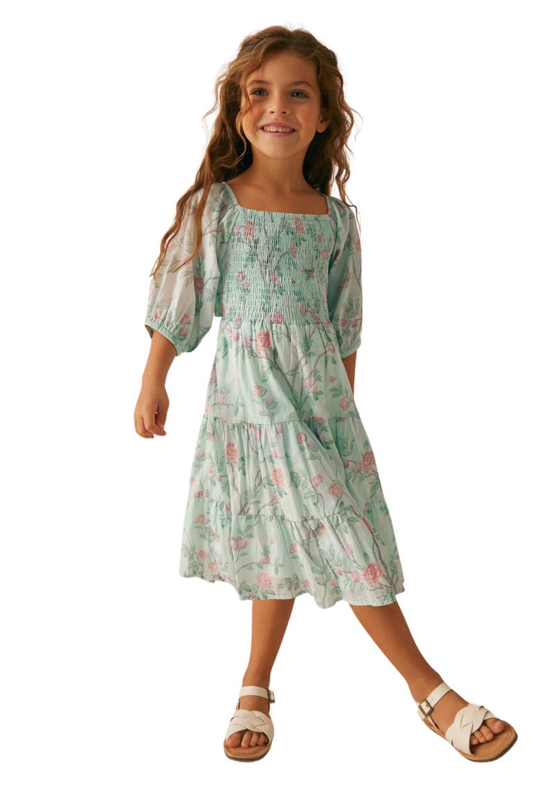 Kids' Floral Tiered Cotton Dress, Alternate, color, BLUE