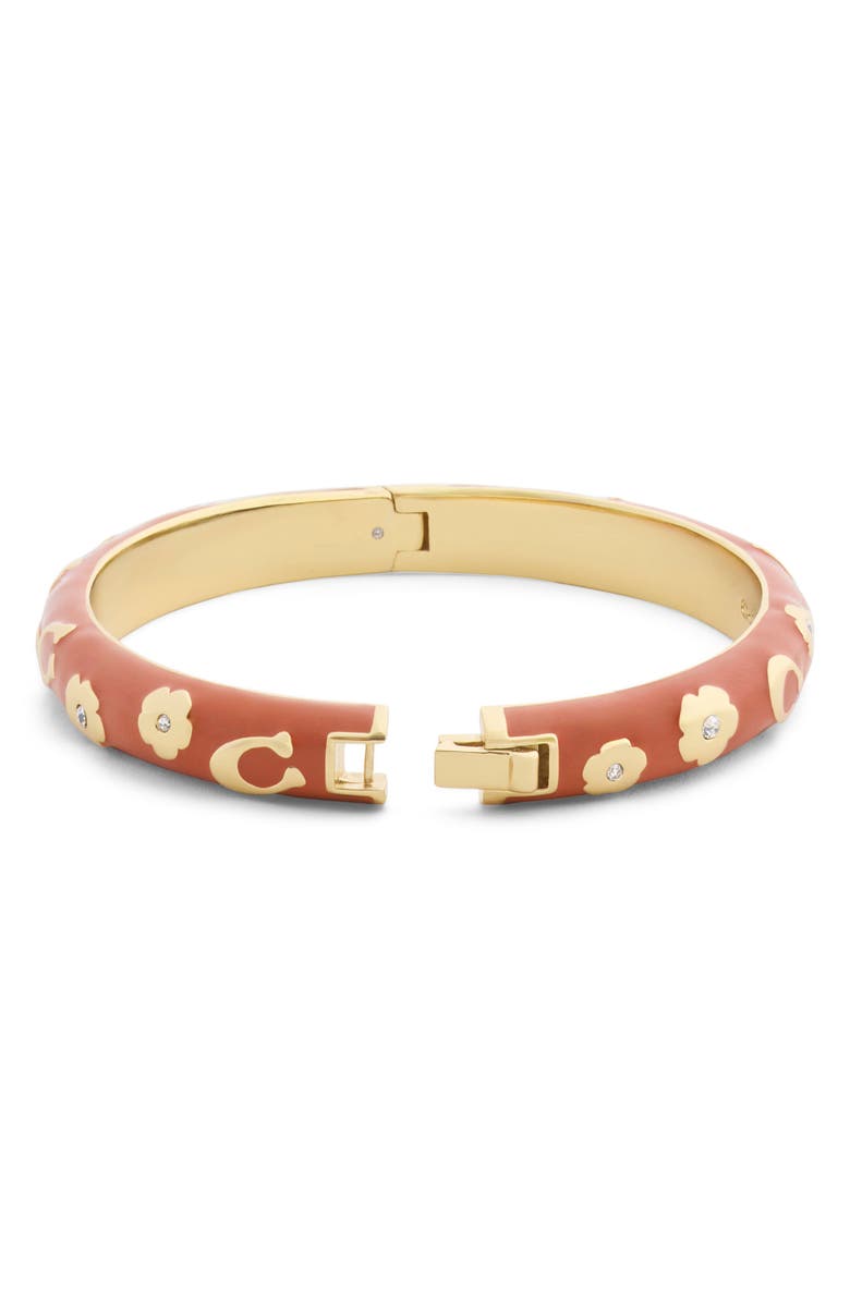 COACH Chubby Floral Enamel Hinged Bangle, Alternate, color, Brown/ Gold