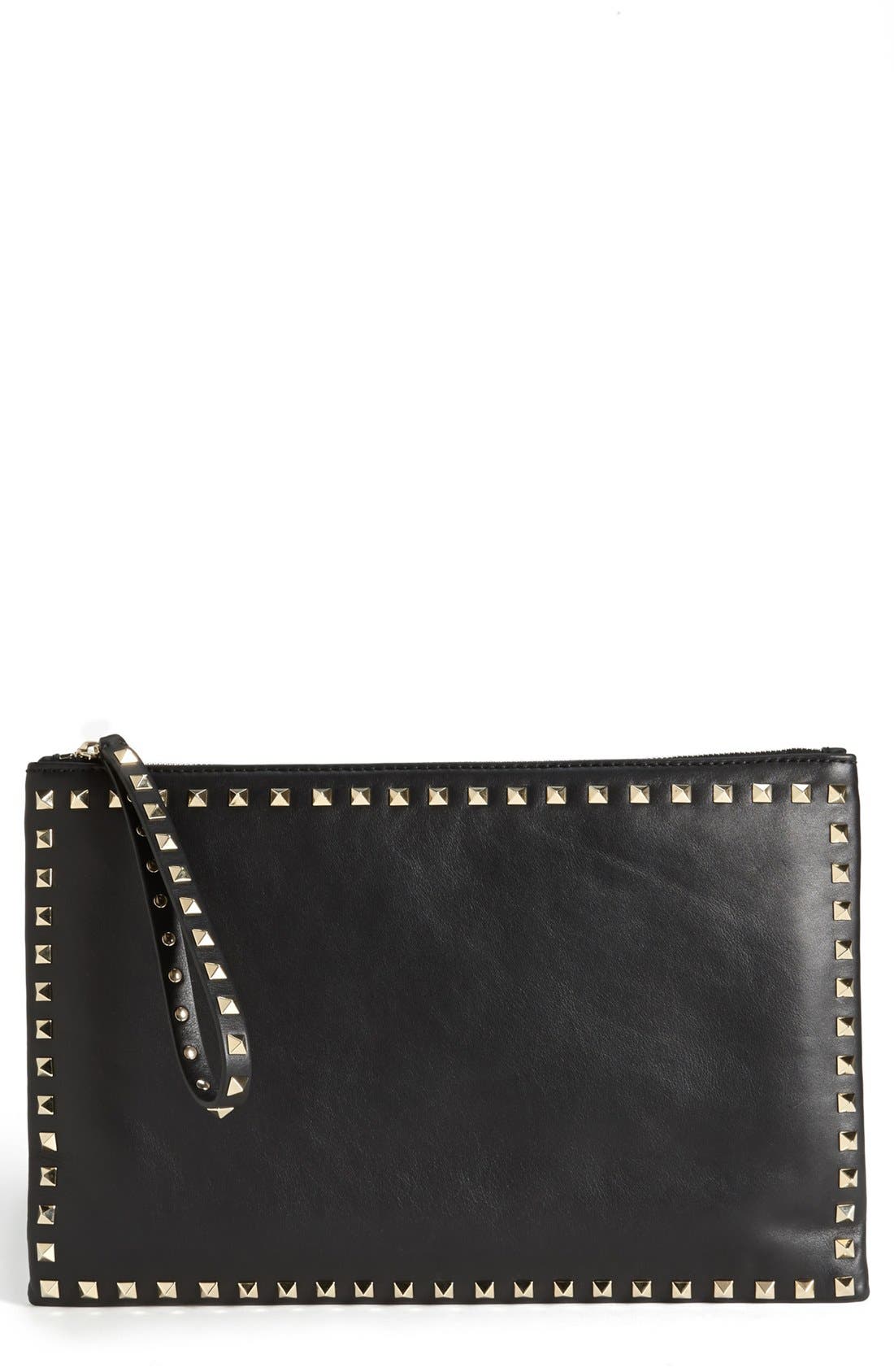 'Rockstud - Flat' Nappa Leather Clutch, Main, color, BLACK