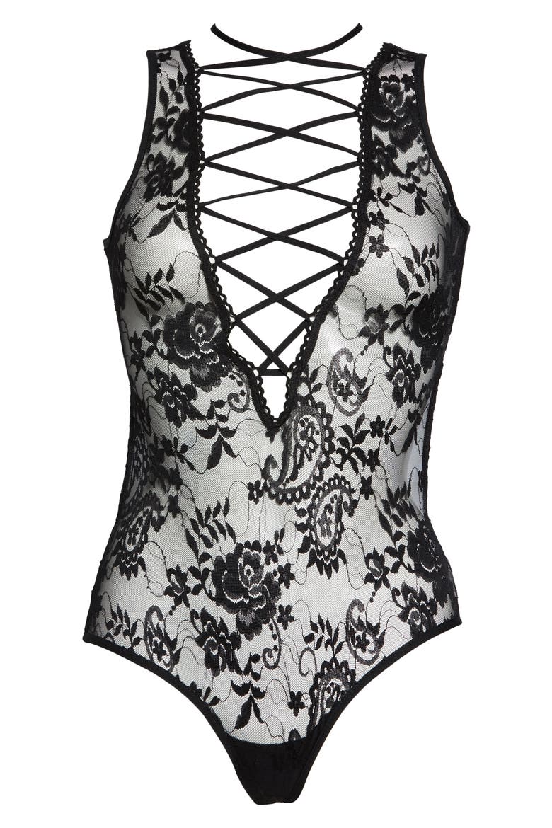 Lace-Up Floral Lace Teddy, Alternate, color, BLACK