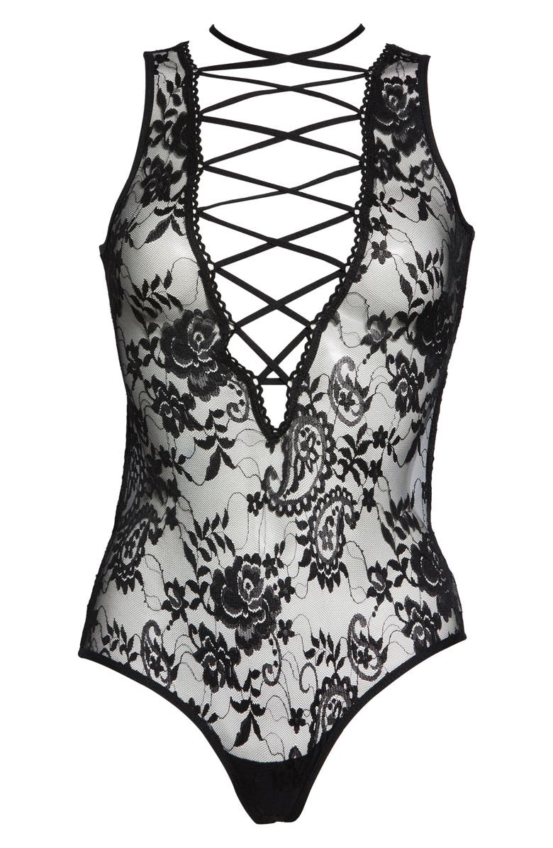 Mapale Lace-Up Floral Lace Teddy, Alternate, color, 