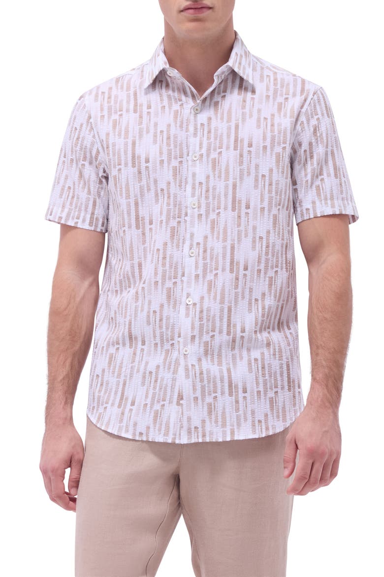 Orson Trim Fit Stripe Short Sleeve Stretch Cotton Seersucker Button-Up Shirt, Main, color, CAMEL