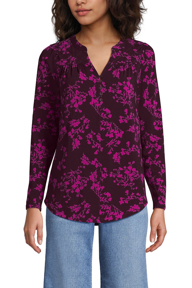 Long Sleeve Lightweight Jersey Notch Neck Tunic Top, Main, color, Lush Burgundy Wildflowers