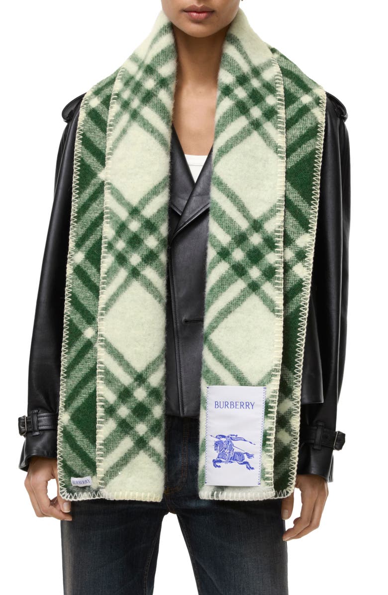 Burberry Medium Tribar Check Wool Scarf, Main, color, Tennis Green