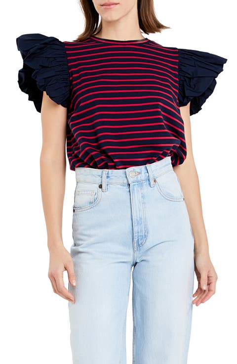 Mixed Media Stripe Ruffle Sleeve Top