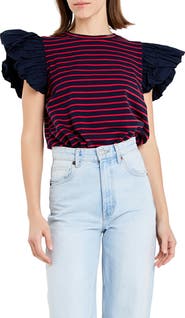 English Factory Mixed Media Stripe Ruffle Sleeve Top