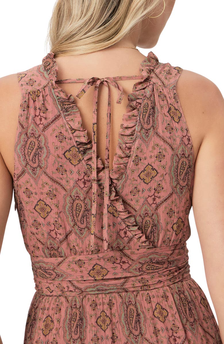 PAIGE Rosarito Print Ruffle Sleeveless Silk Midi Dress, Alternate, color, Pink Terracotta Multi