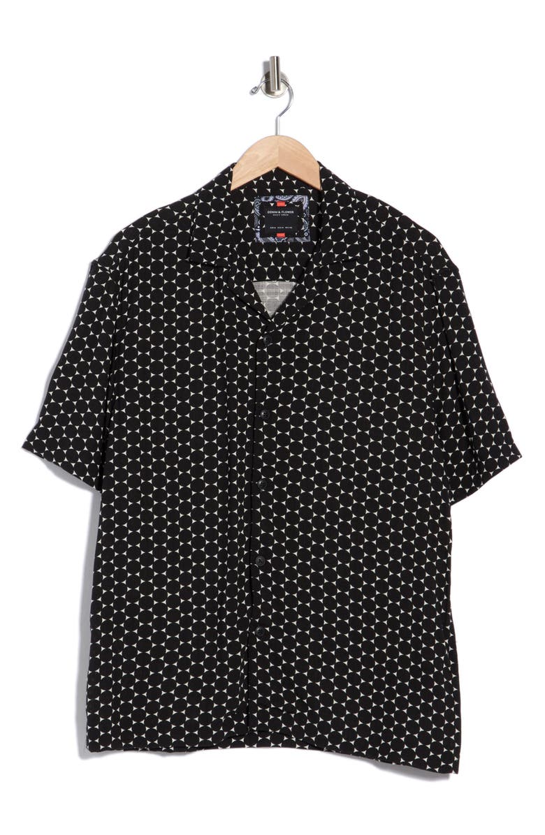 DENIM AND FLOWER Geo Print Short Sleeve Shirt, Main, color, Black