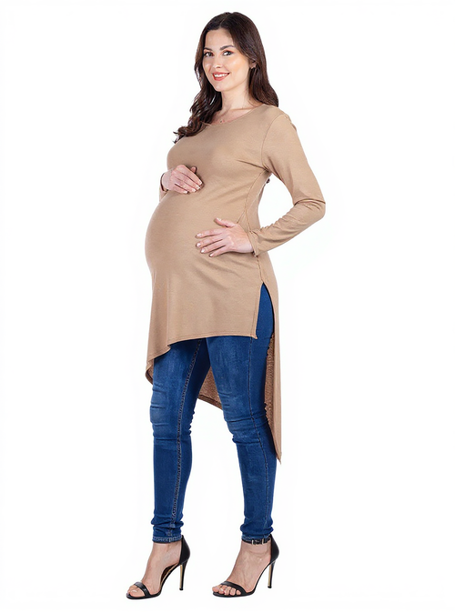24seven Comfort Apparel Long Sleeve Knee Length Asymmetrical Maternity Tunic Top In Multi