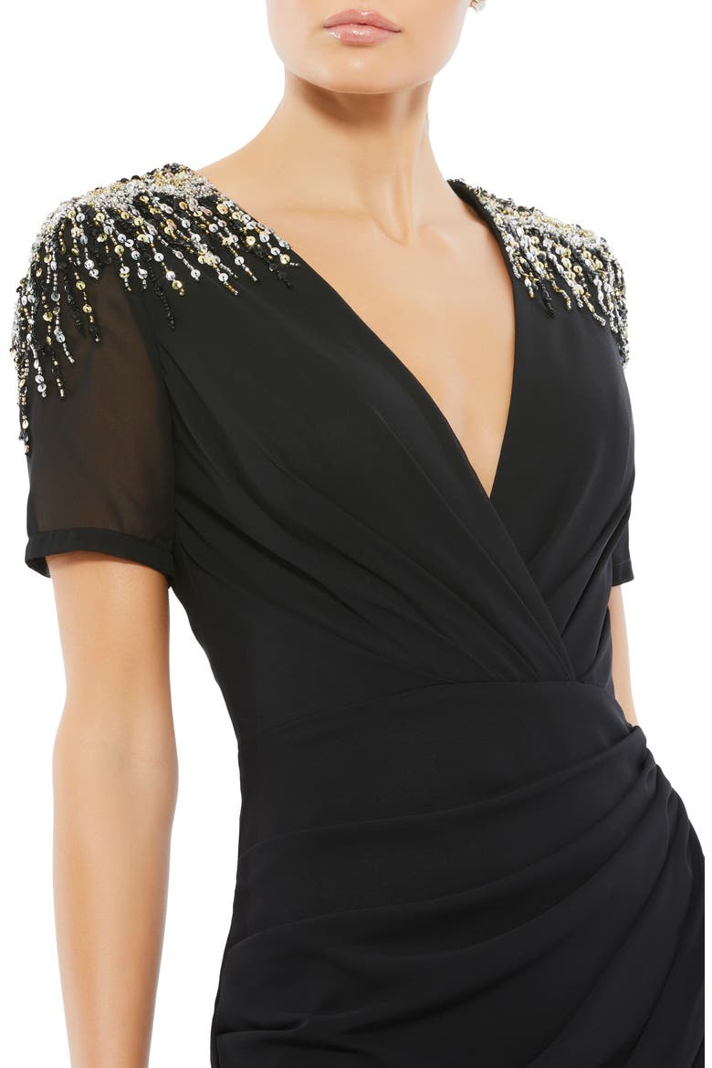 Sequined Embellished Shoulder Evening Gown, Alternate, color, BLACK