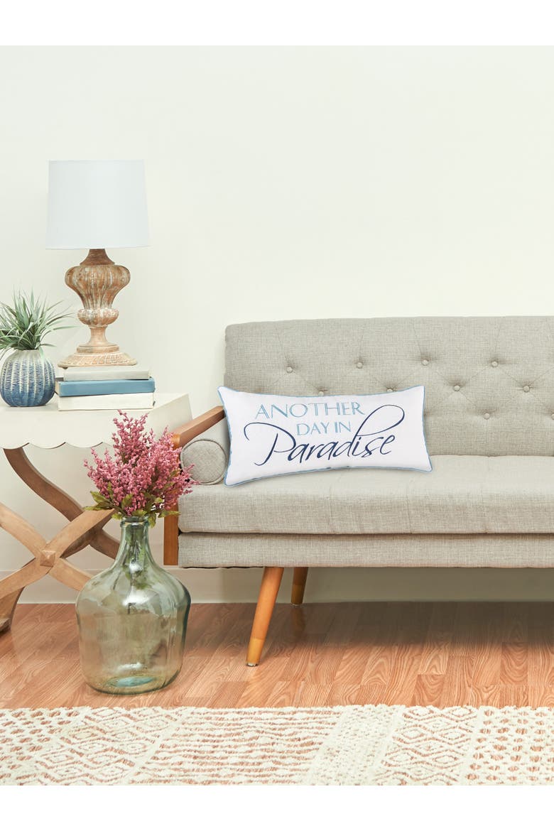 "Another Day In Paradise" Embroidered Cotton Blend Mini Accent Pillow 12" x 24", Alternate, color, White