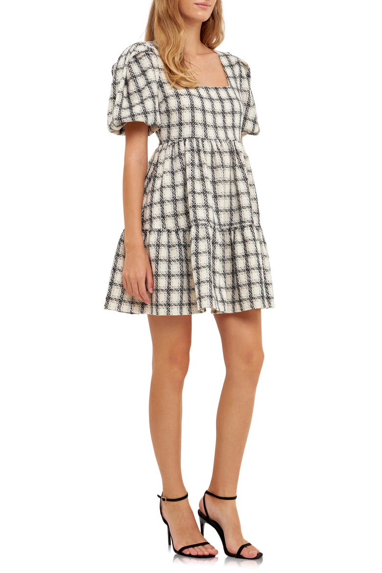 Gingham Puff Sleeve Tweed Minidress, Alternate, color, WHITE