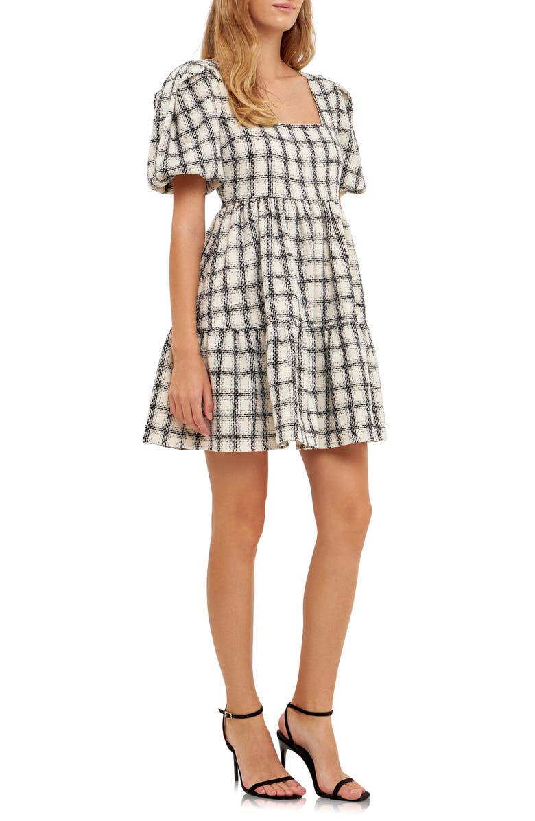 English Factory Gingham Puff Sleeve Tweed Minidress, Alternate, color, White
