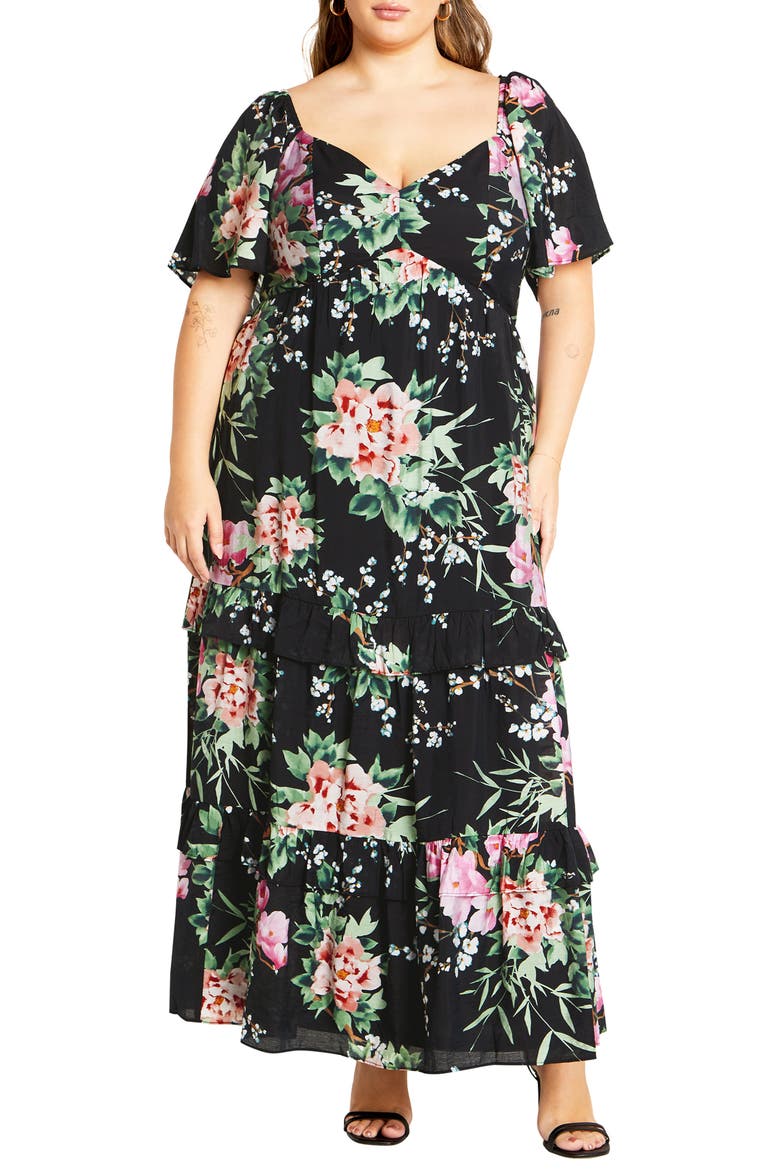 Marci Tiered Print Maxi Dress, Main, color, BLK SWEET BLOSSOM