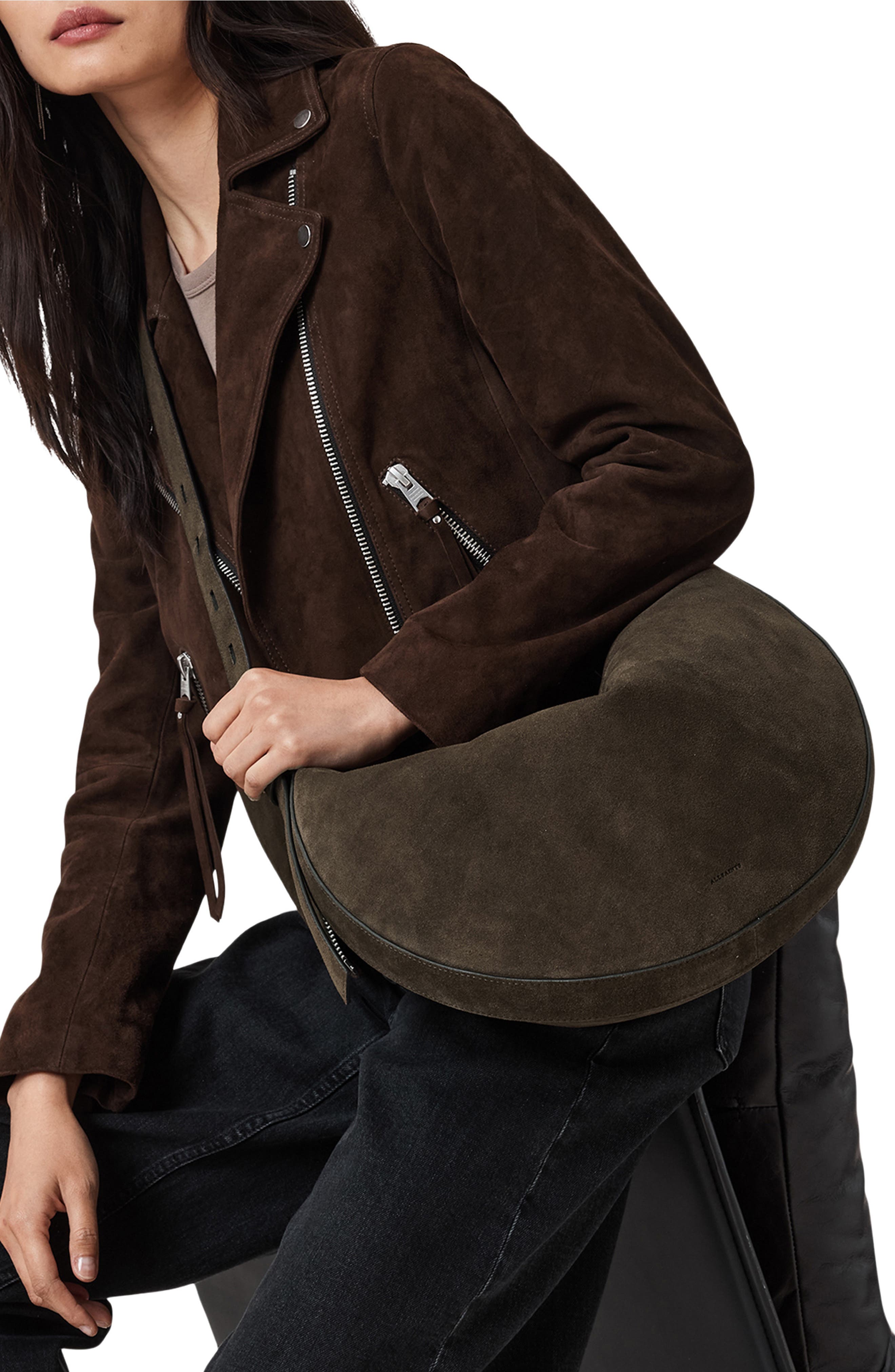 AllSaints Half Moon Suede Shoulder Bag, Alternate, color, Fango Brown