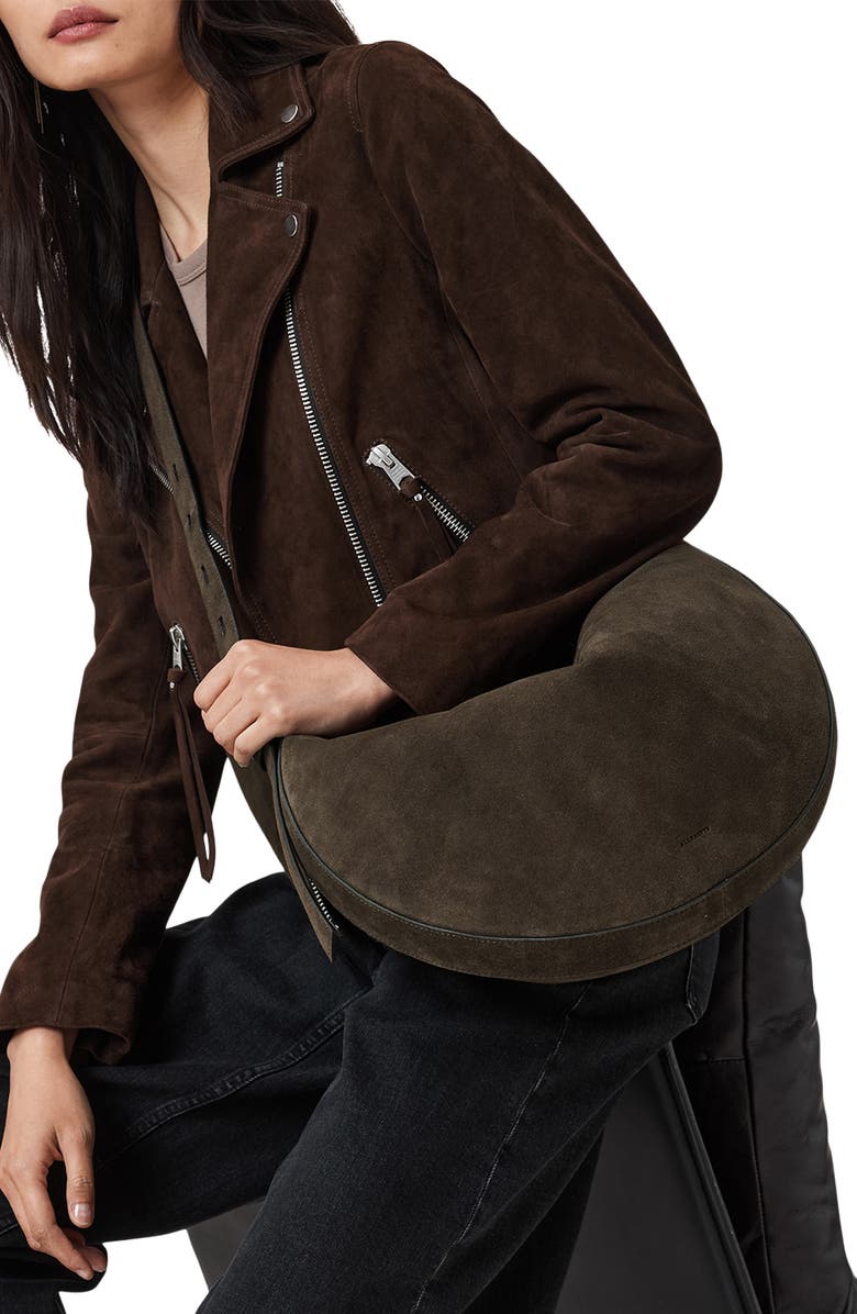 AllSaints Half Moon Suede Shoulder Bag, Alternate, color, Fango Brown