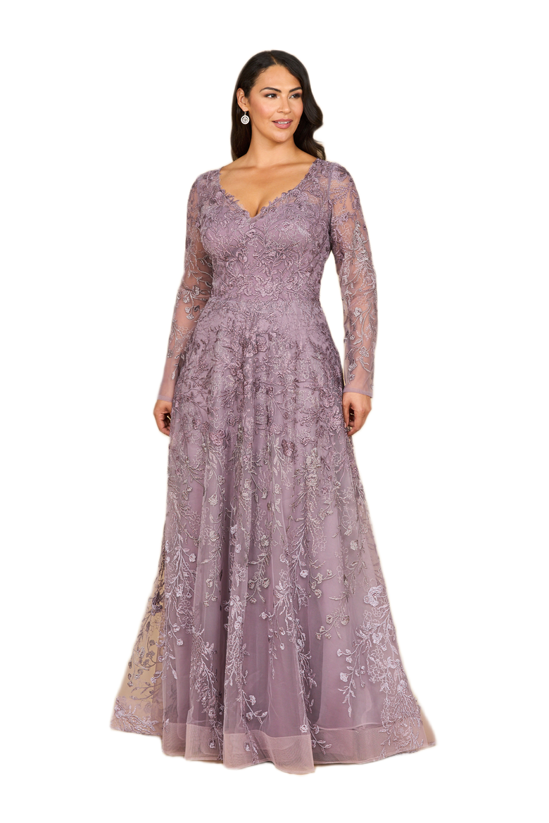 Long Sleeve V-Neck Ombre Lace Gown, Main, color, Heather Ombre
