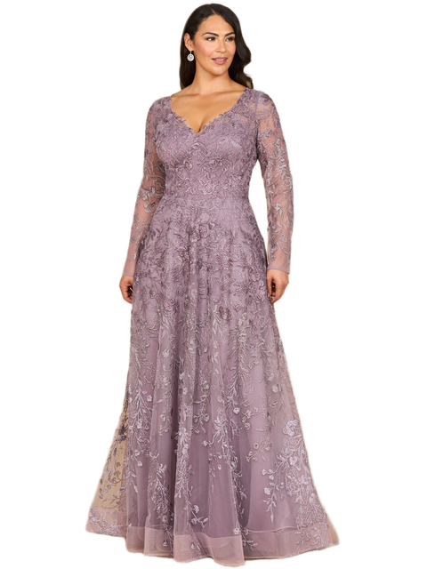 Long Sleeve V-Neck Ombre Lace Gown