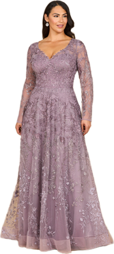 LARA New York Long Sleeve V-Neck Ombre Lace Gown
