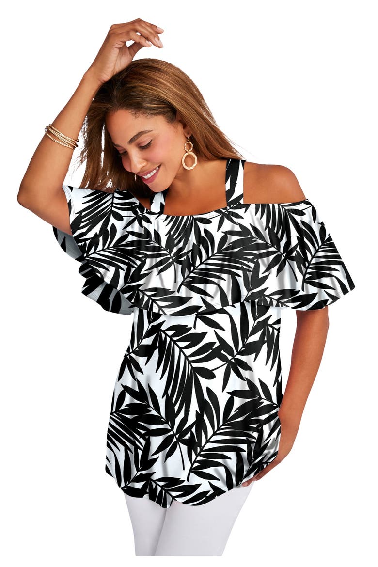 Stretch Knit Cold Shoulder Ruffle Tunic, Main, color, WHITE PALM GARDEN