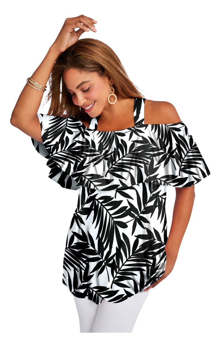 Jessica London Stretch Knit Cold Shoulder Ruffle Tunic, Main, color, White Palm Garden