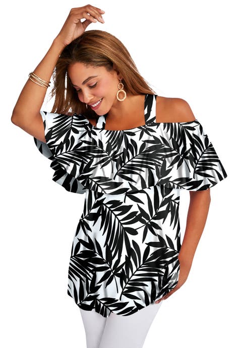 Stretch Knit Cold Shoulder Ruffle Tunic (Plus Available)