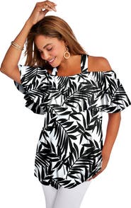Jessica London Stretch Knit Cold Shoulder Ruffle Tunic