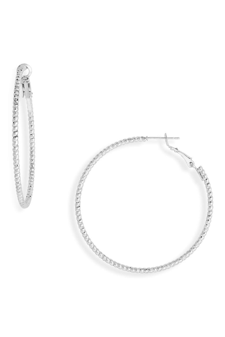 Demifine Textured Hoop Earrings, Main, color, STERLING SILVER PLATED