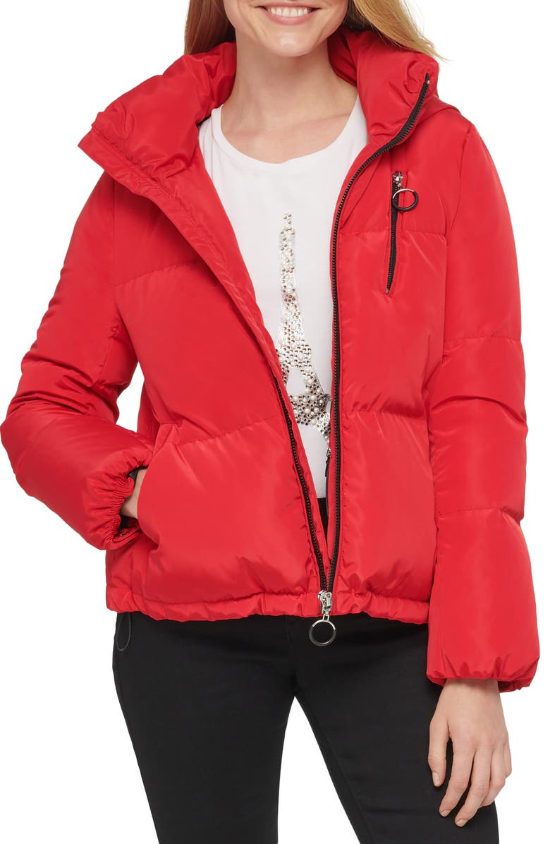 KARL LAGERFELD PARIS Cropped Hooded Puffer Coat, Main, color, 