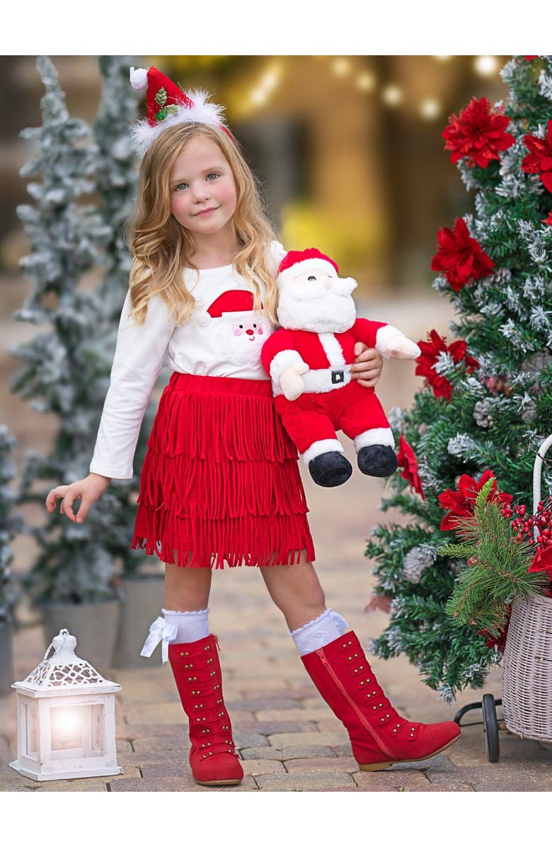 Mia Belle Girls Fabulous Santa Long Sleeve Top and Red Skirt Set, Alternate, color, Red