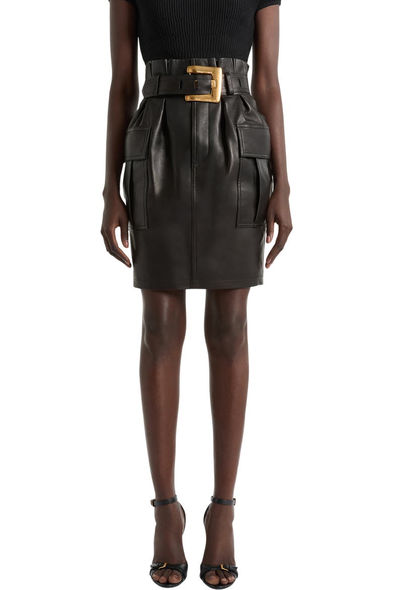 Belted lambskin skirt, Alternate, color, black