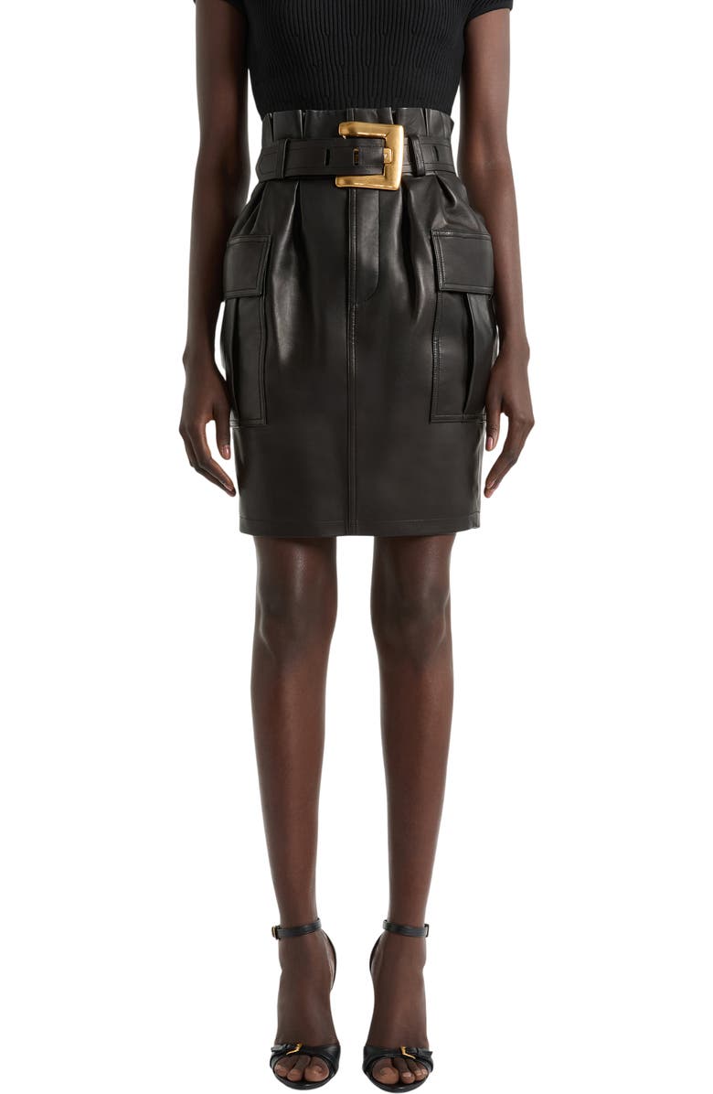 Balmain Belted lambskin skirt, Alternate, color,