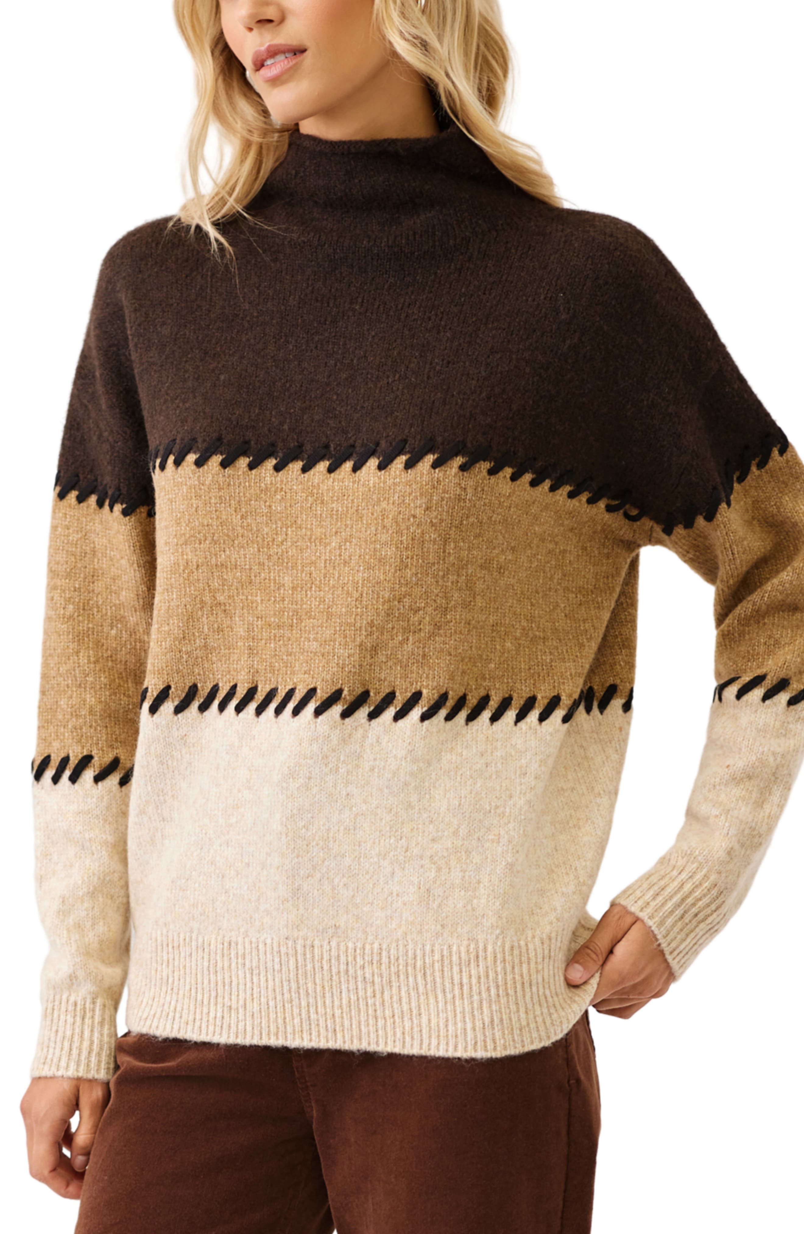 Karen Kane Contrast Stitch Mock Neck Sweater (Women) | Nordstrom