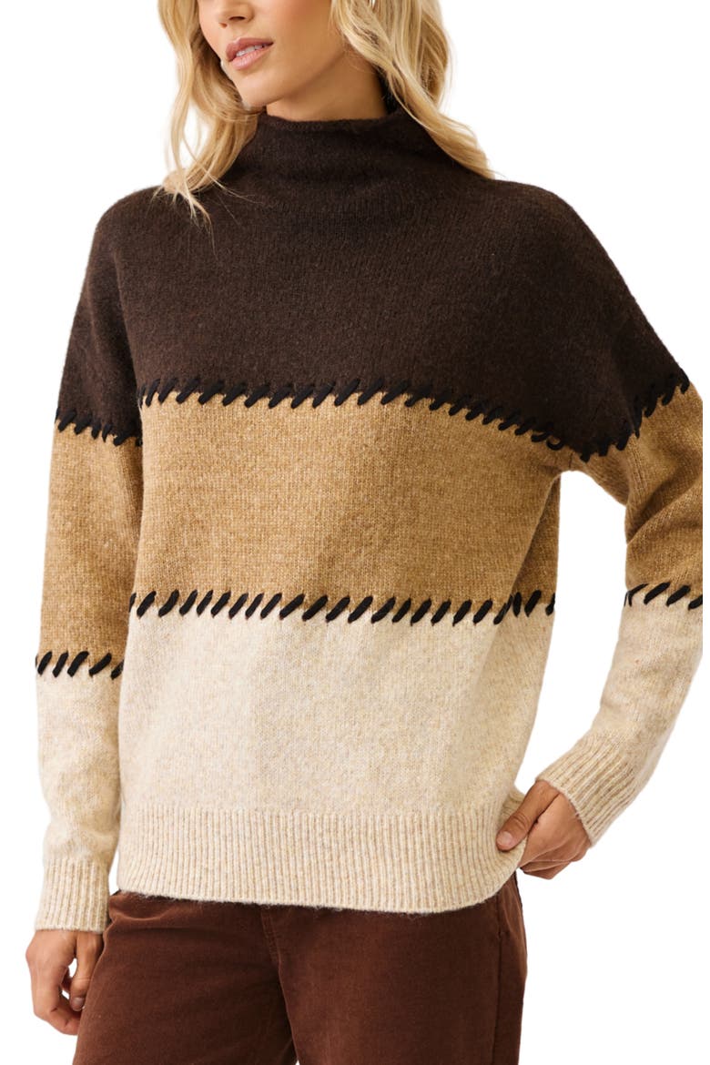 Contrast Stitch Mock Neck Sweater, Alternate, color, BROWN