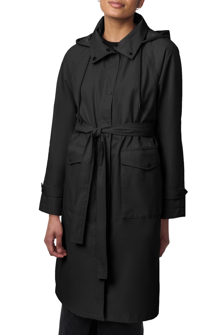 Water Resistant Tie Belt Packable Raincoat, Main, color, BLACK
