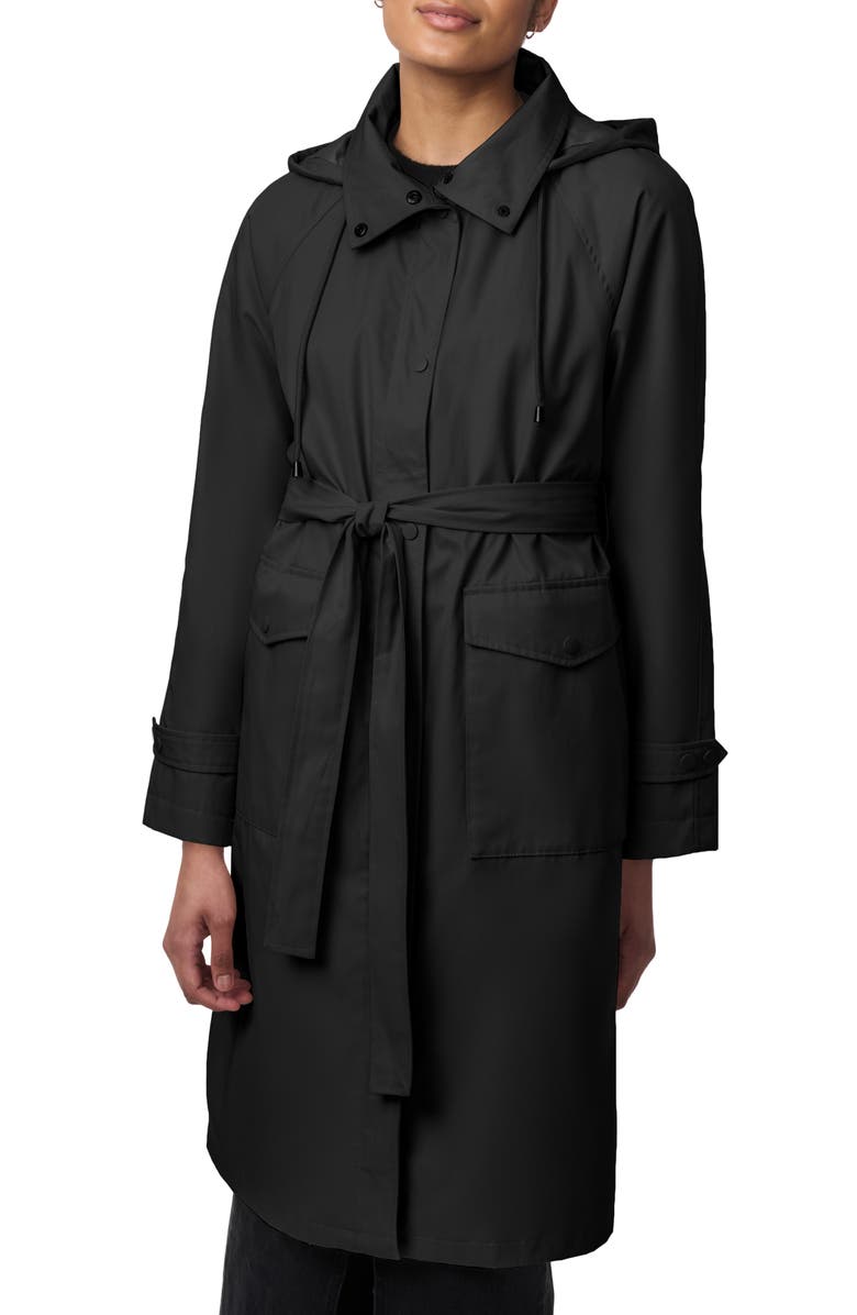 Bernardo Water Resistant Tie Belt Packable Raincoat, Main, color, Black