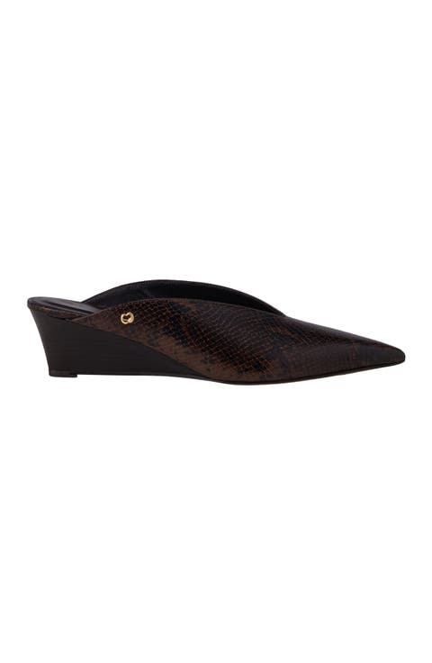 Embossed leather wedge mules