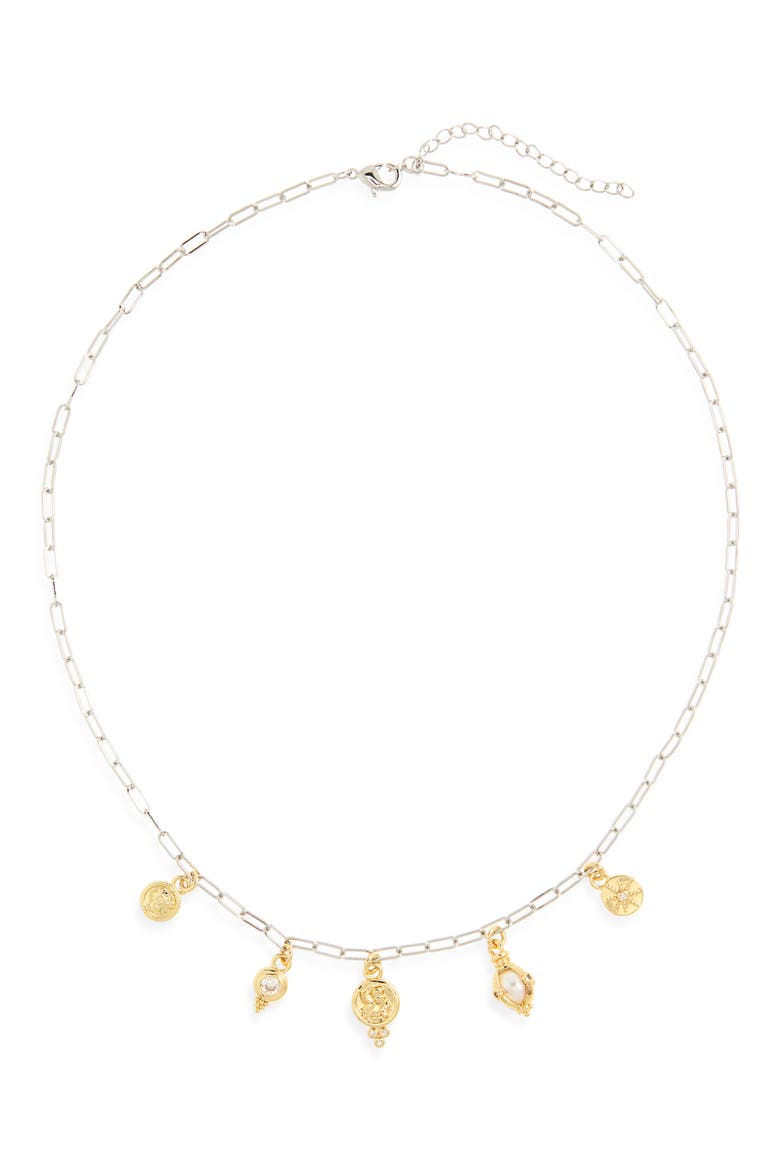 Two-Tone Cubic Zirconia & Cultured Pearl Coin Charm Necklace, Alternate, color, CLEAR- GOLD- SILVER