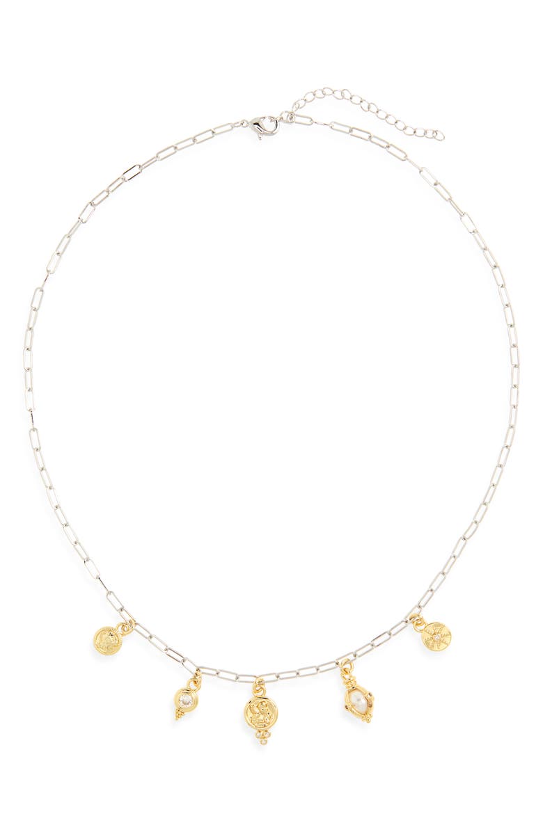 Leith Two-Tone Cubic Zirconia & Cultured Pearl Coin Charm Necklace, Alternate, color, Clear- Gold- Silver